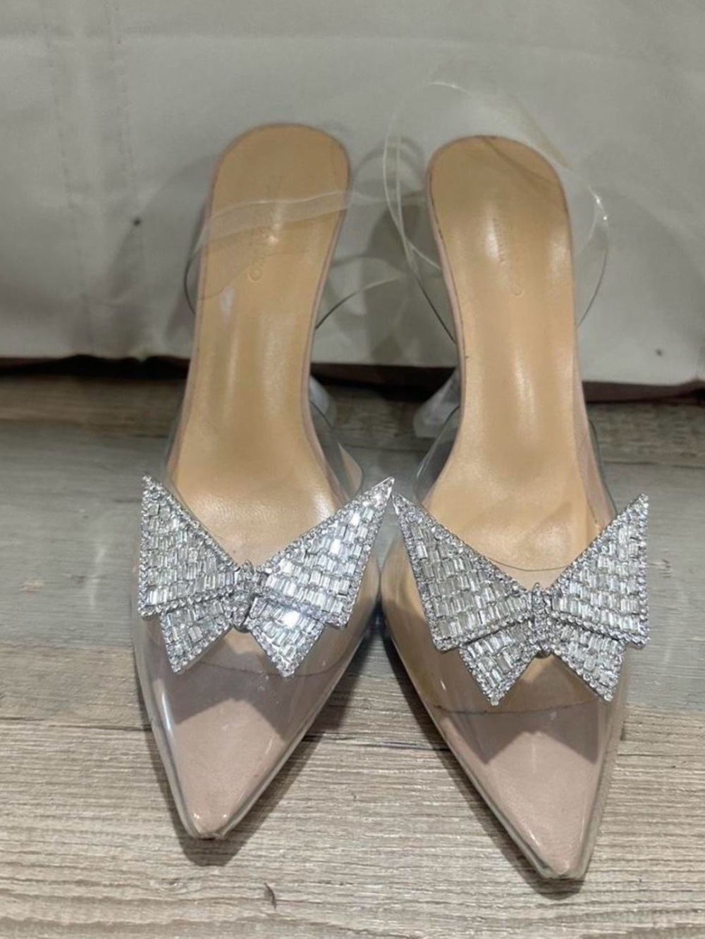 Tony Bianco Nude Clear Pointed Mule with Silver Crystal Bow Accent